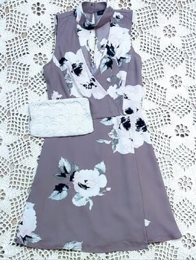 Dynamite Floral Faux Wrap V-neck Mini High Collar Dress